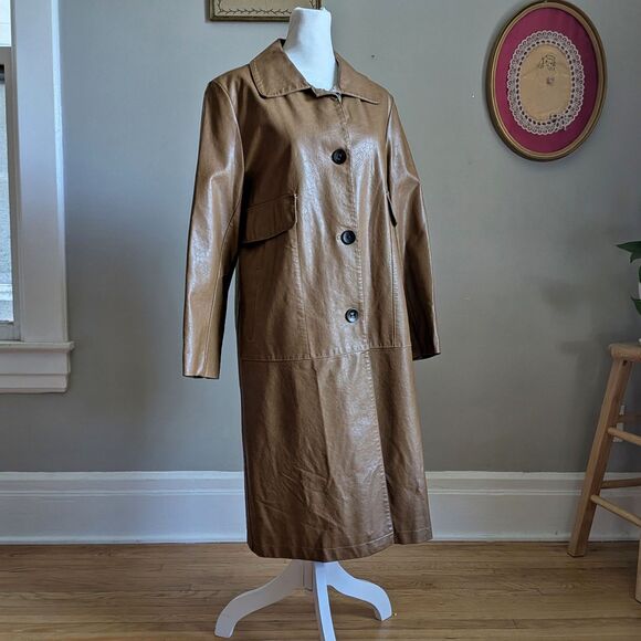 Vintage Y2K Dianzhi Faux Leather Trench Coat Jacket Longline Brown Size 11 - Picture 3 of 12